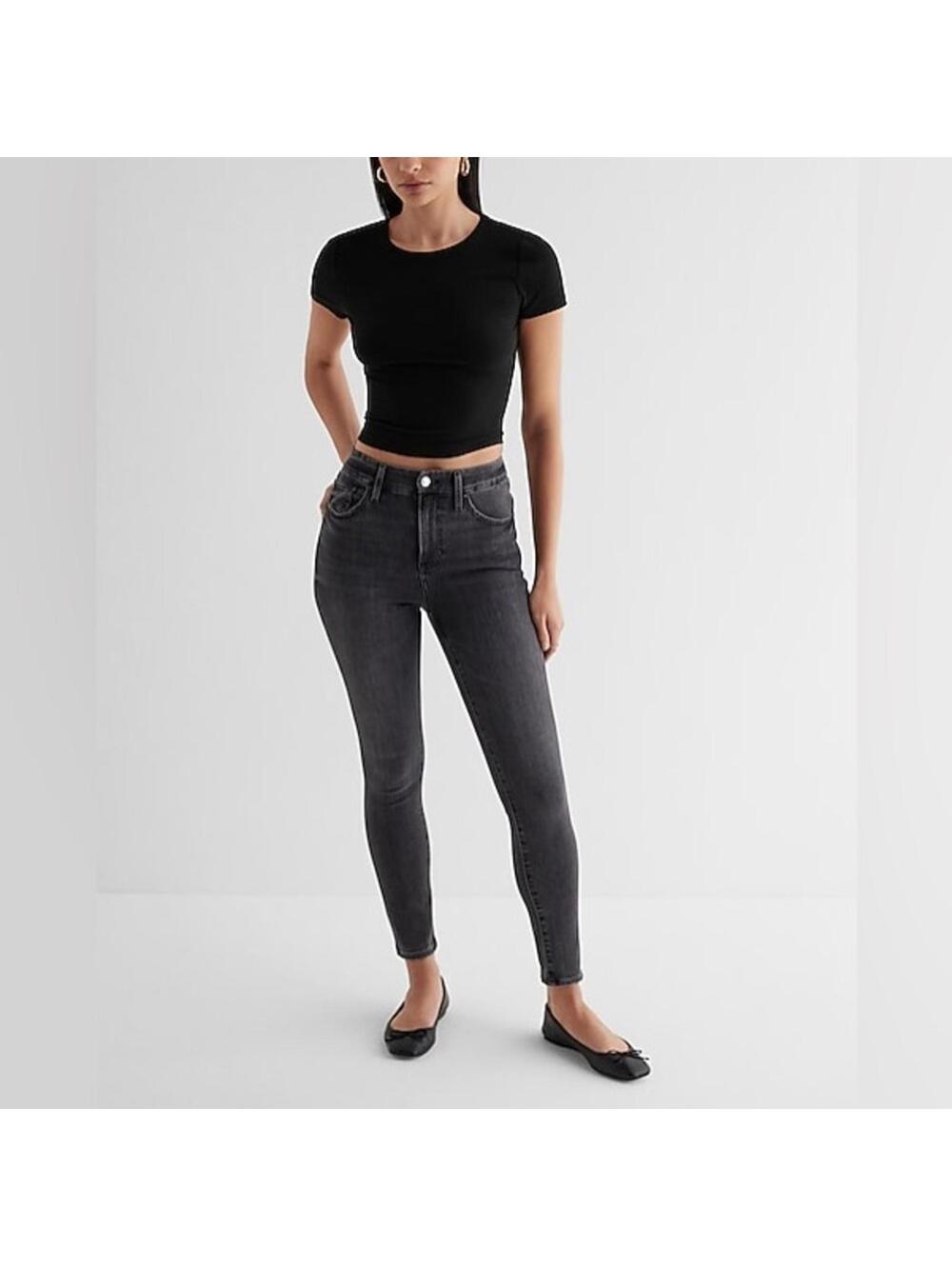 {SOLD} Express Black Cropped High Rise Hyper Distressed Skinny Jeans Small - Picture 2 of 6